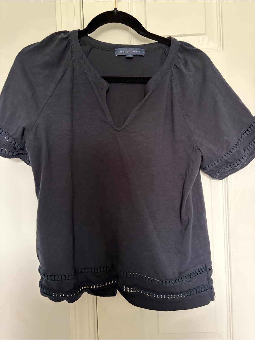 Tommy Hilfiger Navy Short Sleeve Top with Crochet Trim